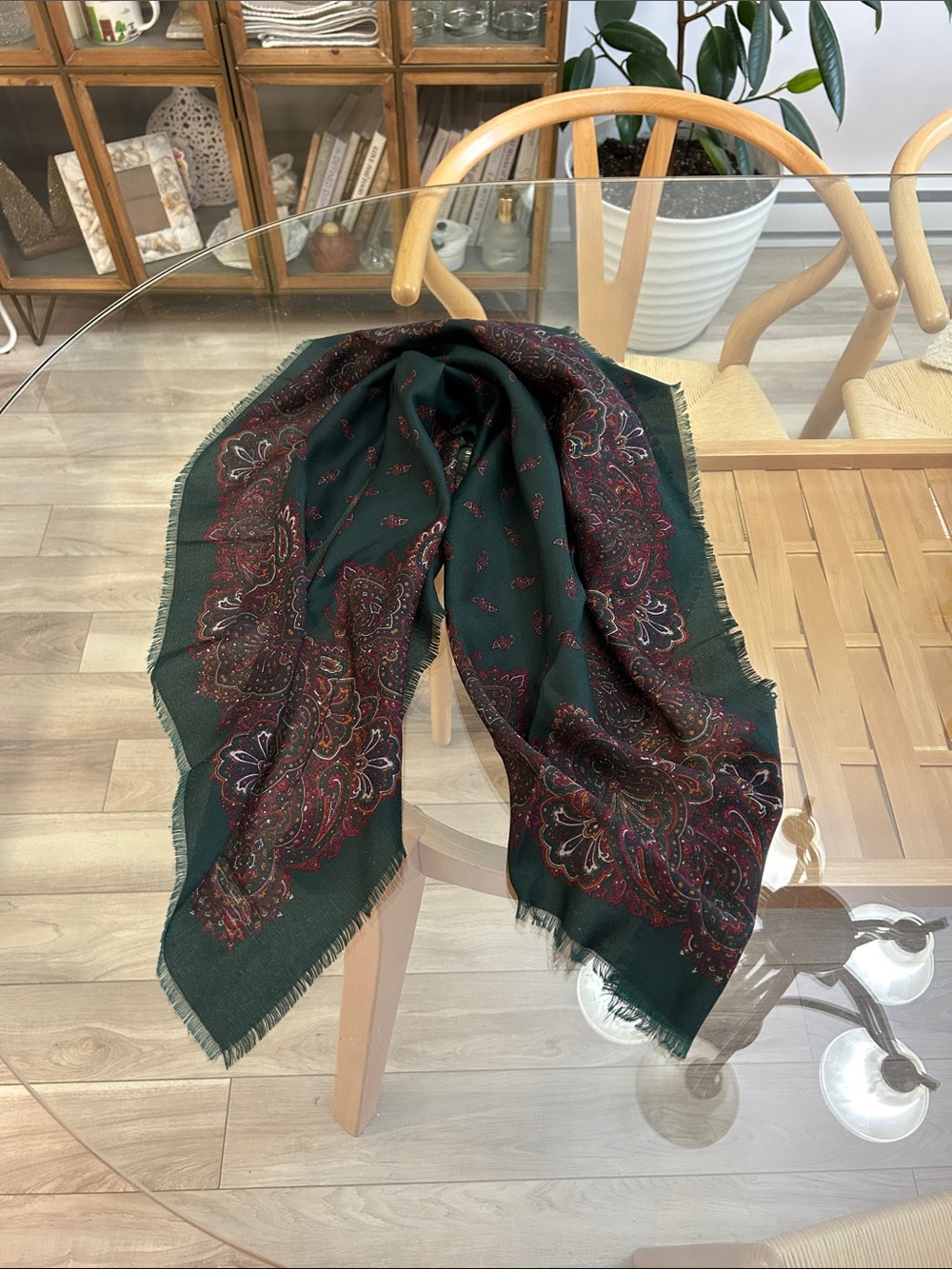 Vintage Large Dark Green Paisley Fringe Scarf